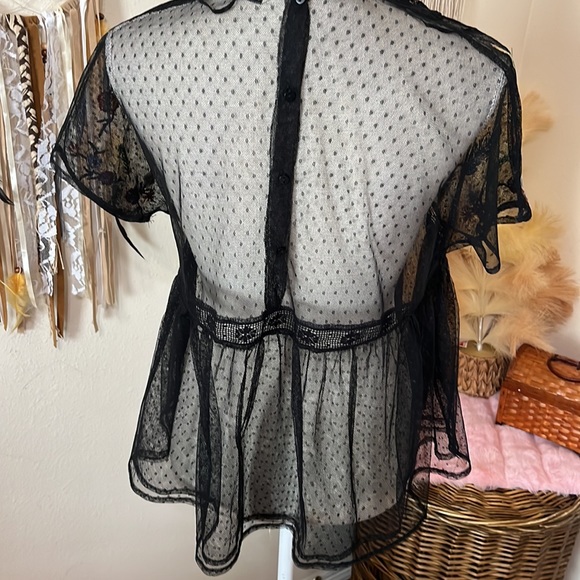 Zara Sheer Mesh Black Ruffled Lace Top/ Size Small - Picture 5 of 7